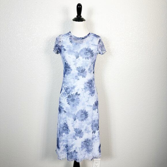 Hana 90s Y2K Vintage Sheer Mesh Overlay Floral Print T Shirt Midi Dress Blue S - Picture 1 of 12